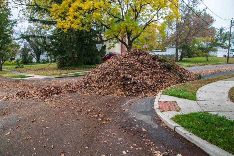 Large pile of brown leaves collected at the corner of a suburban street awaiting township removal